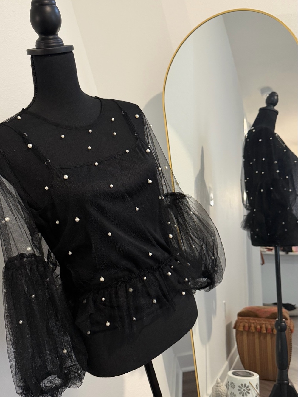 Ultra Pink Black Pearl-Embellished Sheer Puff Sleeve Top